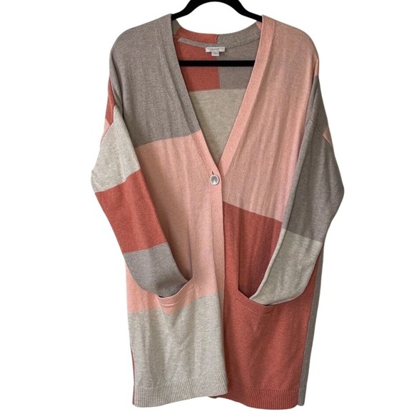 J. Jill Sweaters - Pure Jill Colorblock Open Cardigan Sweater Size M Coral Blush Taupe Cream